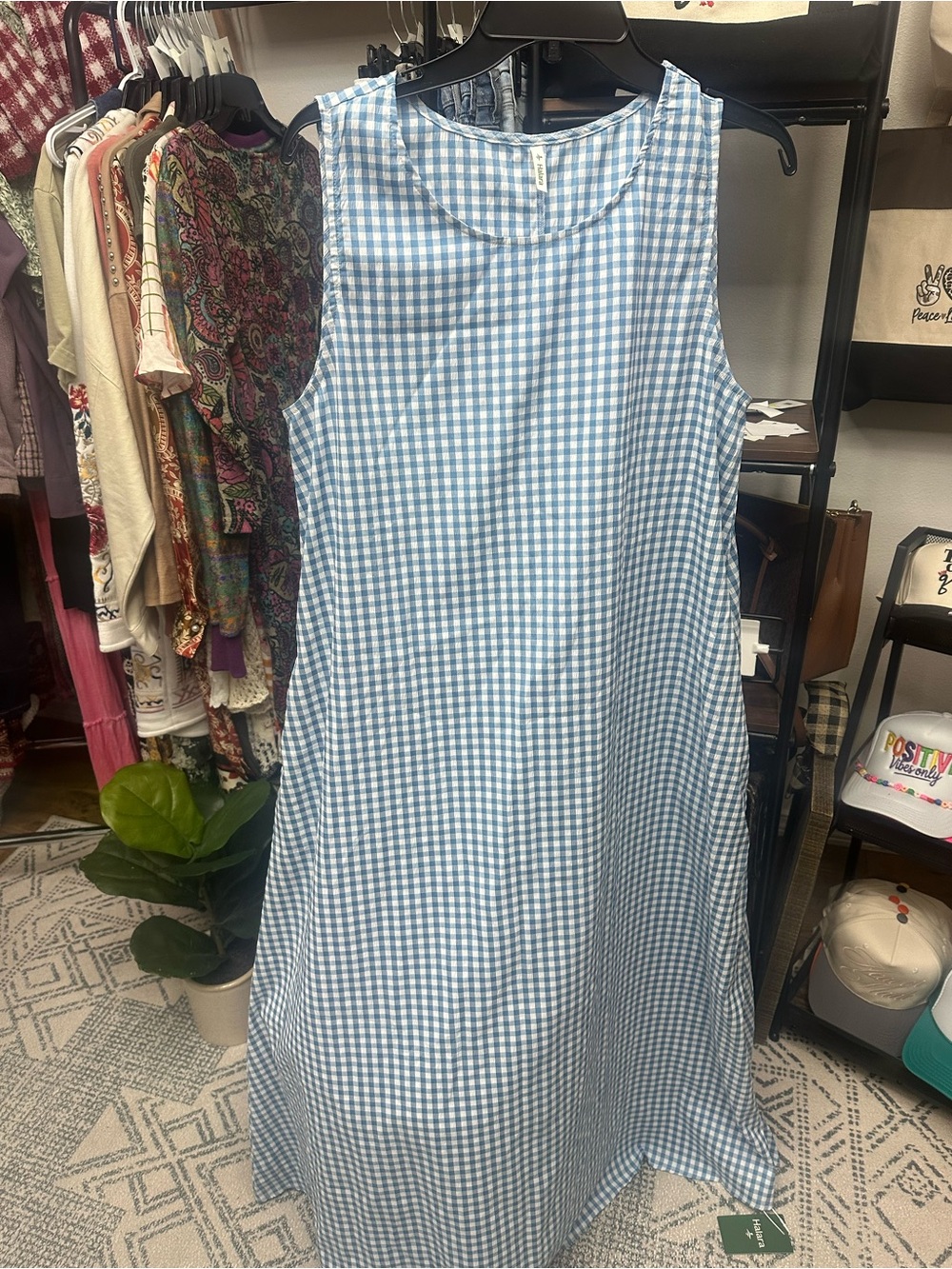 HALARA Light Blue and White Gingham Maxi Dress